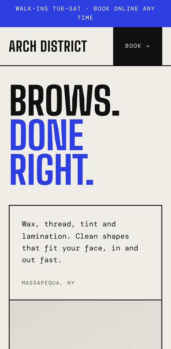 Arch District concept: a clean, graphic brow studio homepage reading Brows. Done right.