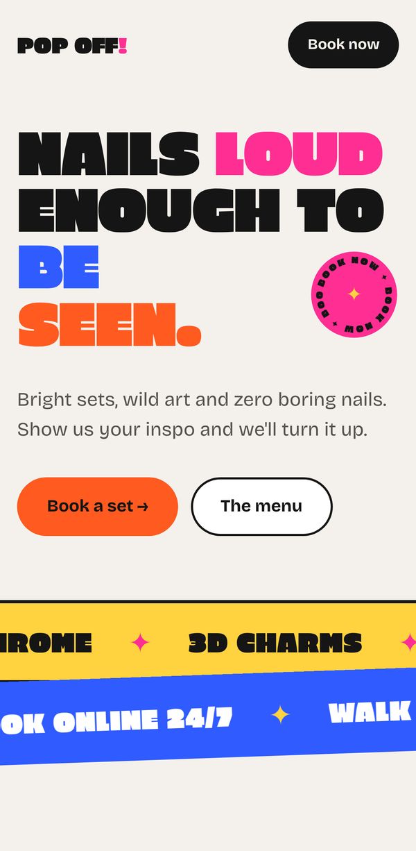 Pop Off concept: a bold, bright nail studio homepage with oversized type and a scrolling banner.